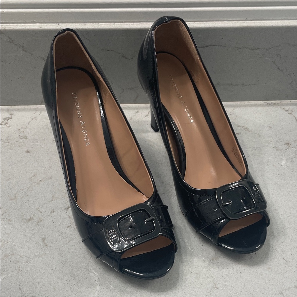 Etienne Aigner Black Buckle Peep Toe Heels